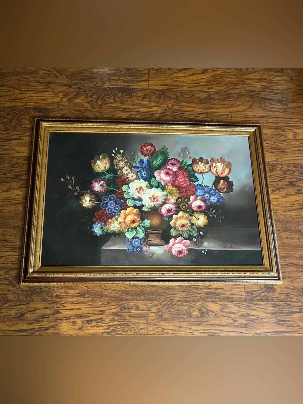 Vtg Floral Still Life Oil Painting Reproduction by Artist M. Aaron